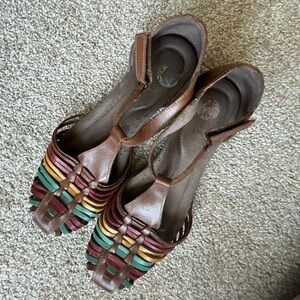 Vintage Leather T Strap Huarache Style Multicolor Flats